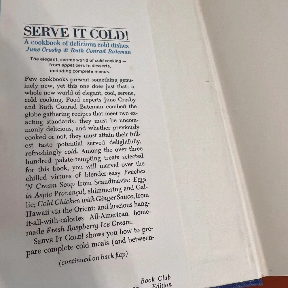 Serve It Cold! Cookbook June Crosby Ruth Conrad Bateman 1969 Book Club Edition